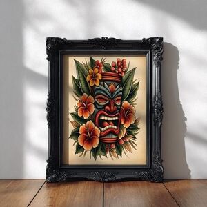 Vintage Tiki Tattoo Flash Art Print – Hawaiian Tropical Bar Decor, Retro Island